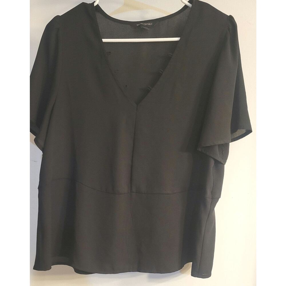 Banana Republic Womens Medium Black Blouse Flutter Sleeve V Neck Sheer Trim